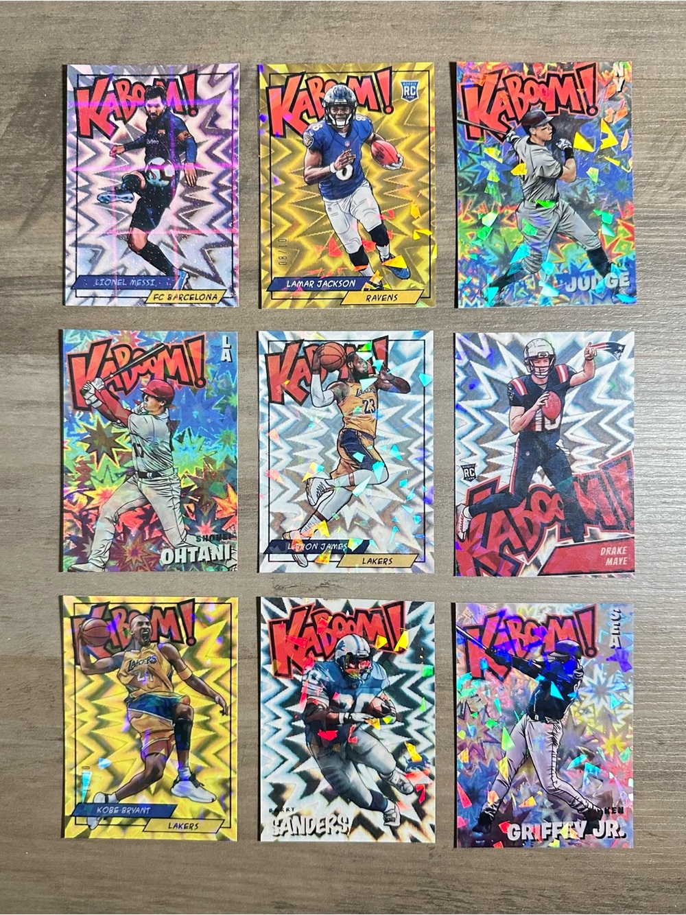 Kaboom Lot of (9) Novelty Cards. Judge, LeBron, Kobe, Messi, Ohtani, Maye…